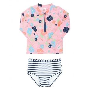 RuffleButts Baby/Toddler Girls Bouncing Blooms Long Sleeve Zipper Swimsuit 18-24